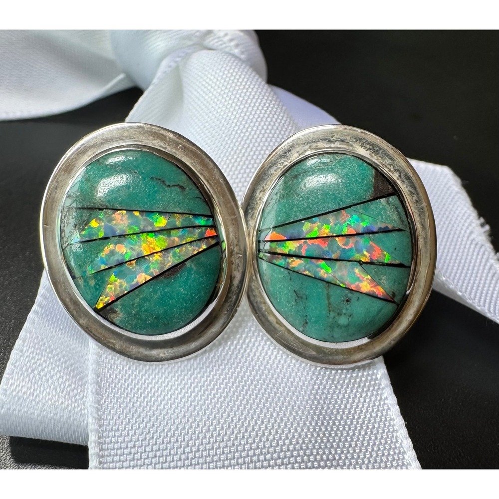 Sterling Silver Turquoise Fire Opal Inlay Oval Stud Earrings Southwestern
